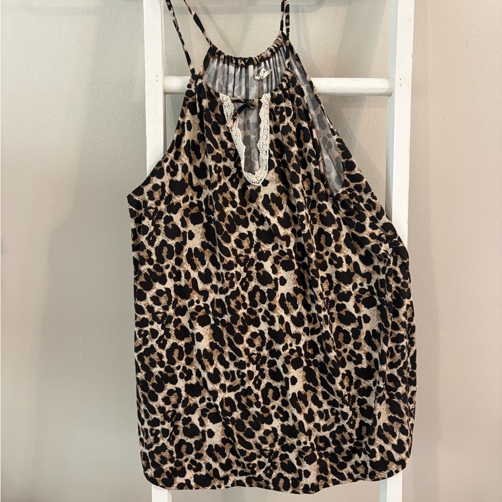 Leopard Print Halter Cami Top - Beige/Black